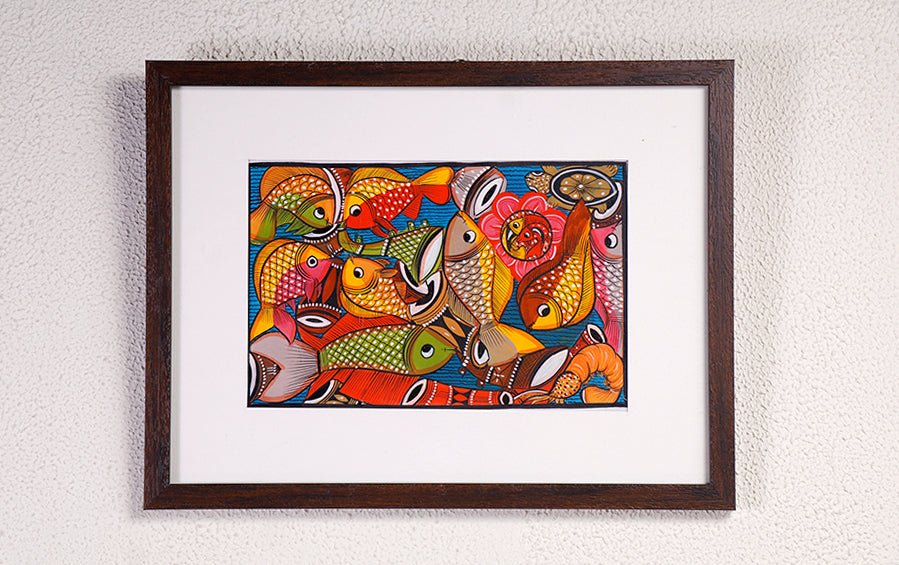 Fish Marriage | Bengal Patachitra Painting | A4 Frame - paintings - indic inspirations