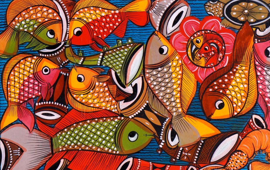 Fish Marriage | Bengal Patachitra Painting | A4 Frame - paintings - indic inspirations