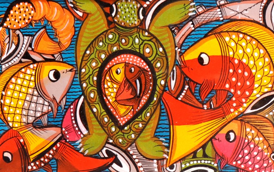 Fish Marriage | Bengal Patachitra Painting | A5 Frame - paintings - indic inspirations