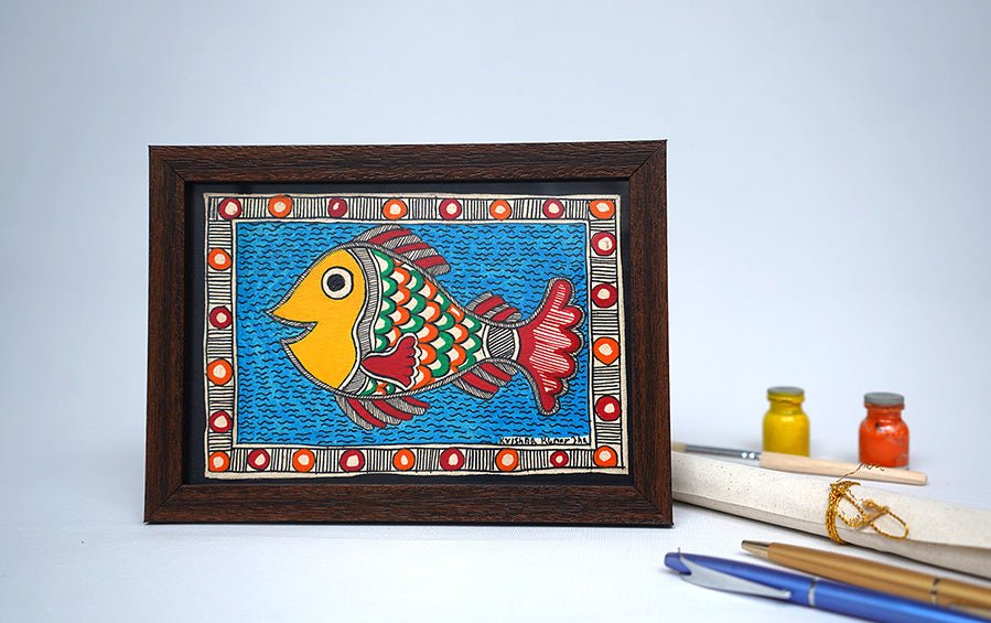 Fish-Matsya | Madhubani Painting | A5 Frame - paintings - indic inspirations