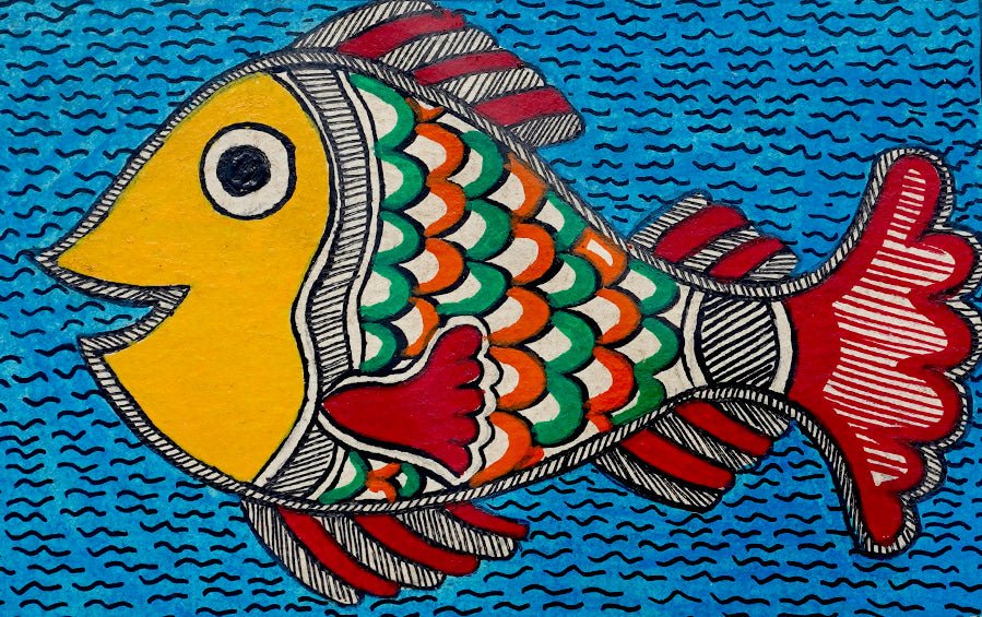 Fish-Matsya | Madhubani Painting | A5 Frame - paintings - indic inspirations