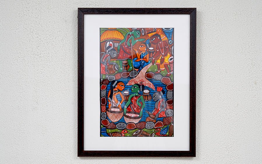 Fishing | Santhal Painting | A3 Frame - paintings - indic inspirations