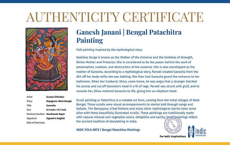 Ganesh Janani | Bengal Patachitra Painting | A4 Frame - paintings - indic inspirations