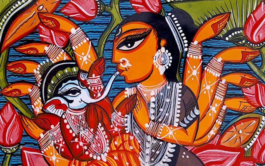 Ganesh Janani | Bengal Patachitra Painting | A4 Frame - paintings - indic inspirations