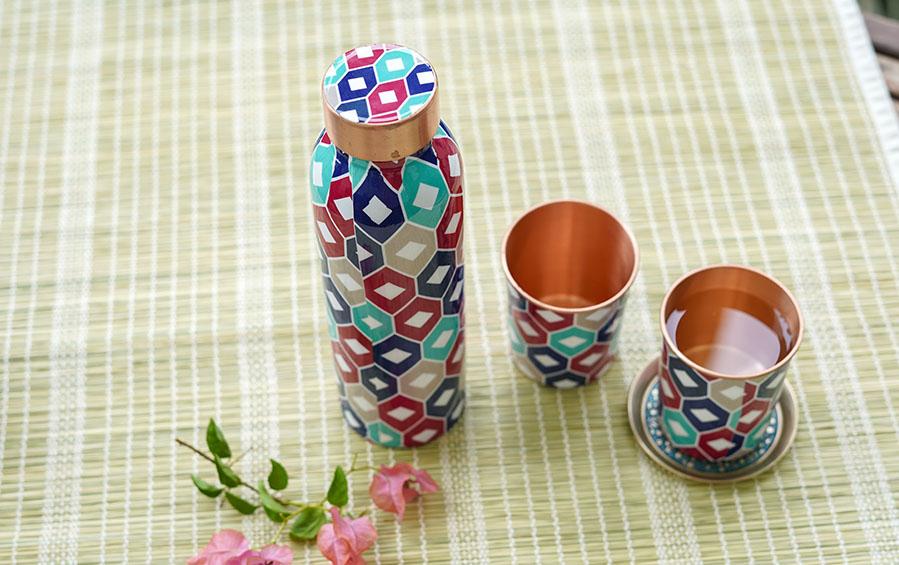 HOLISTIC LIVING | Copper Bottle & Glass - Water Bottle With Glass Sets - indic inspirations