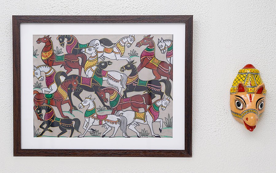 Horses | Odisha Pattachitra Painting | A3 Frame - paintings - indic inspirations