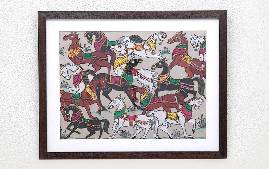 Horses | Odisha Pattachitra Painting | A3 Frame - paintings - indic inspirations