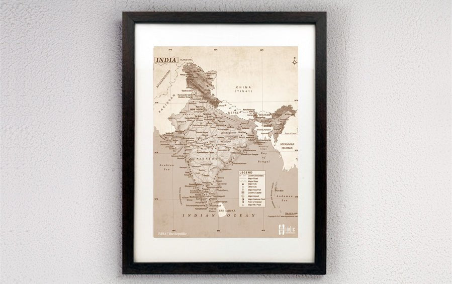 INDIA Map | Classical Sepia | A3 Frame - Wall Frames - indic inspirations