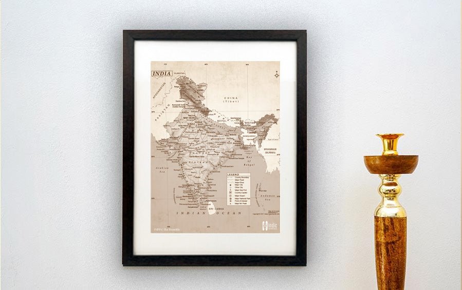 INDIA Map | Classical Sepia | A3 Frame - Wall Frames - indic inspirations