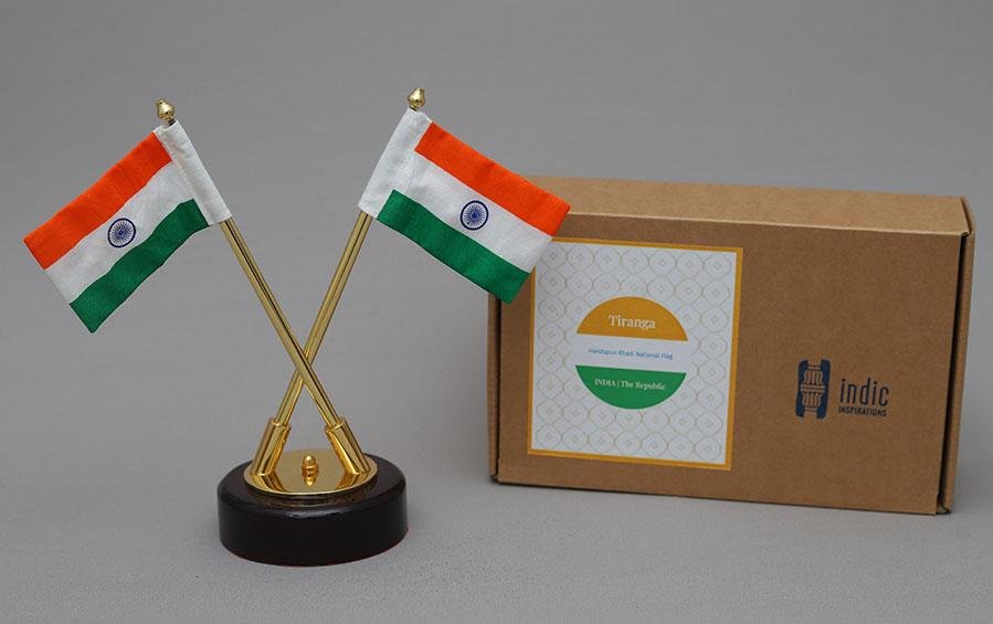 Indian Cross Table 2 Flags Medium - Miniature table flags - indic inspirations