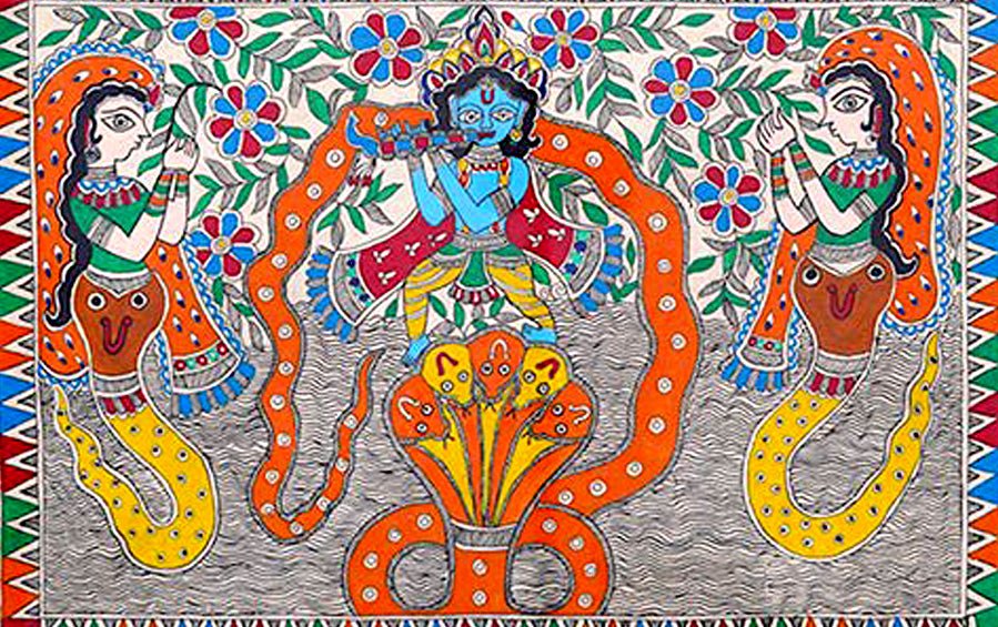 Kaliya Daman | Madhubani Painting | A3 Frame - paintings - indic inspirations