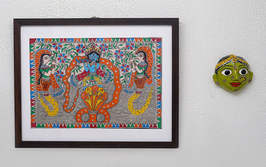 Kaliya Daman | Madhubani Painting | A3 Frame - paintings - indic inspirations