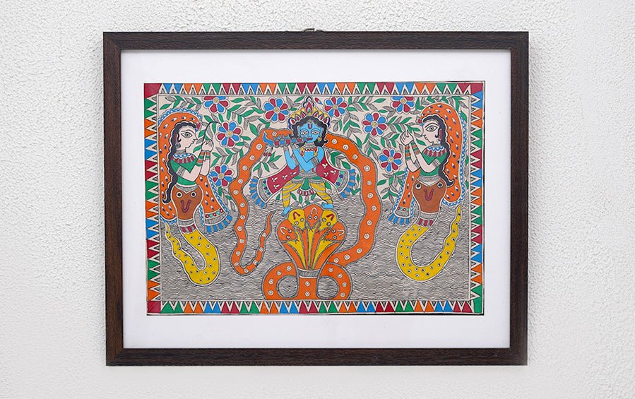 Kaliya Daman | Madhubani Painting | A3 Frame - paintings - indic inspirations