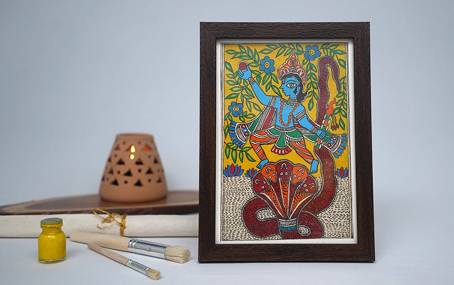 Kaliya Daman | Madhubani Painting | A5 Frame - paintings - indic inspirations