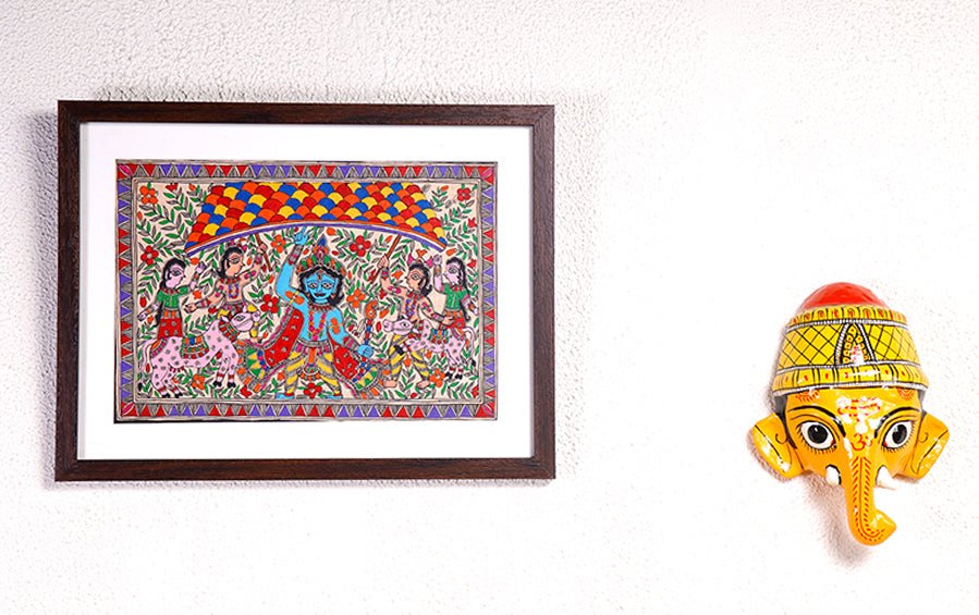 Krishna Leela - Gowardhan Parvat | Madhubani Painting | A4 Frame - paintings - indic inspirations