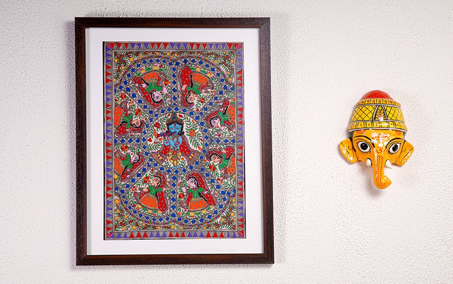 Krishna Leela | Madhubani Painting | A3 Frame - paintings - indic inspirations