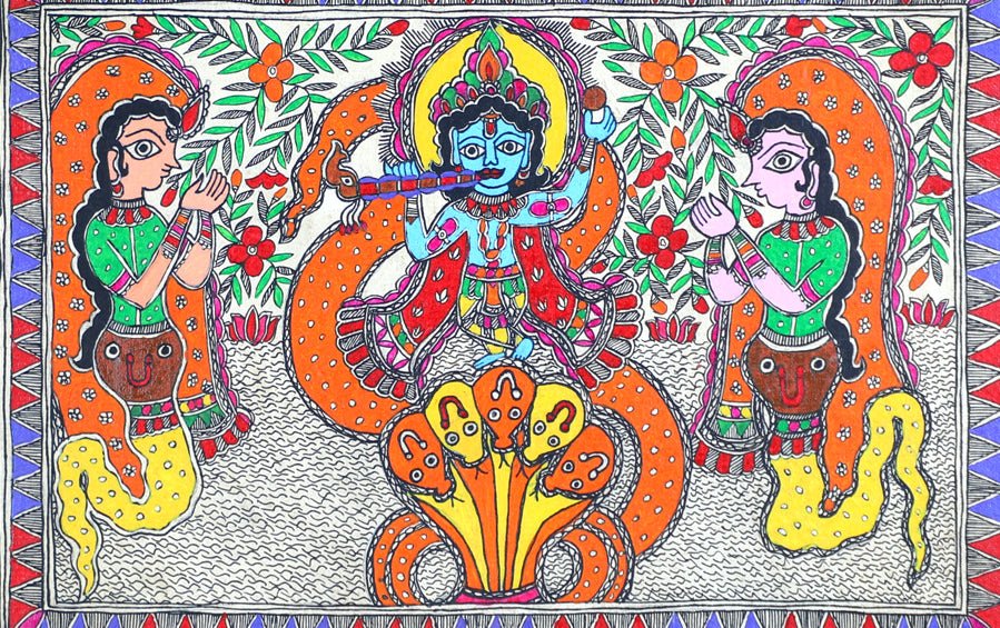 Krishna Leela | Madhubani Painting | A4 Frame - paintings - indic inspirations