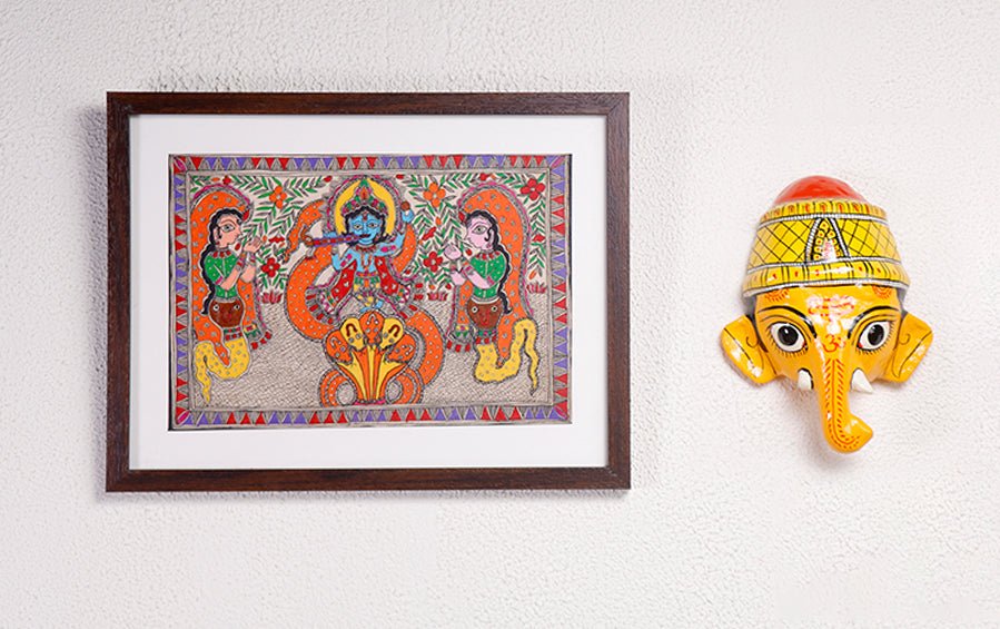 Krishna Leela | Madhubani Painting | A4 Frame - paintings - indic inspirations