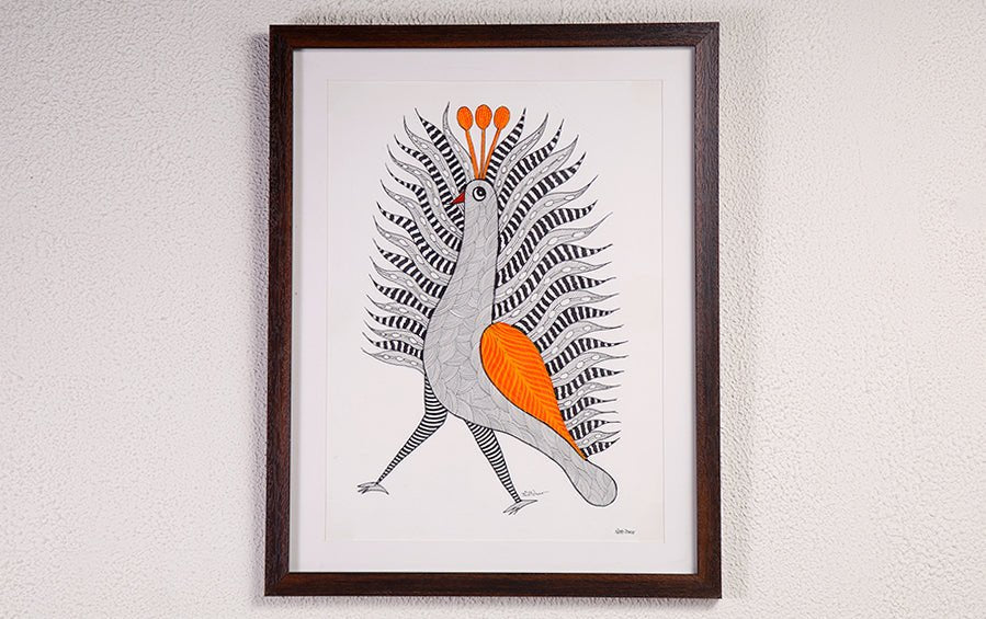 Majestic Peacock | Gond Painting | A3 Frame - paintings - indic inspirations