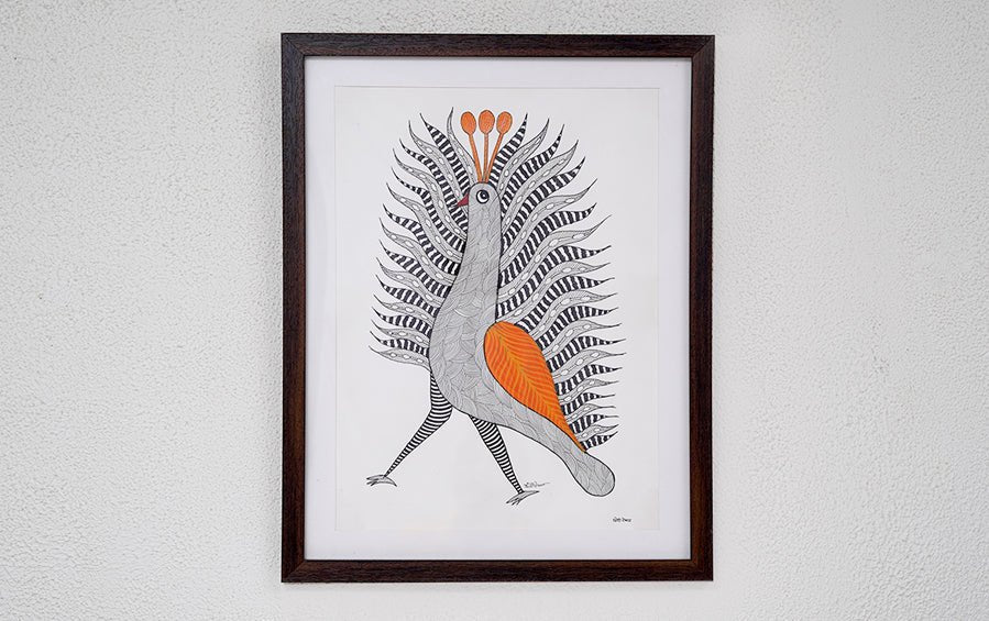 Majestic Peacock | Gond Painting | A3 Frame - paintings - indic inspirations
