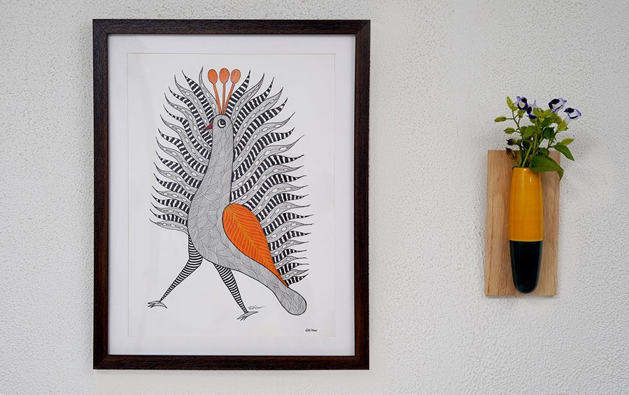 Majestic Peacock | Gond Painting | A3 Frame - paintings - indic inspirations