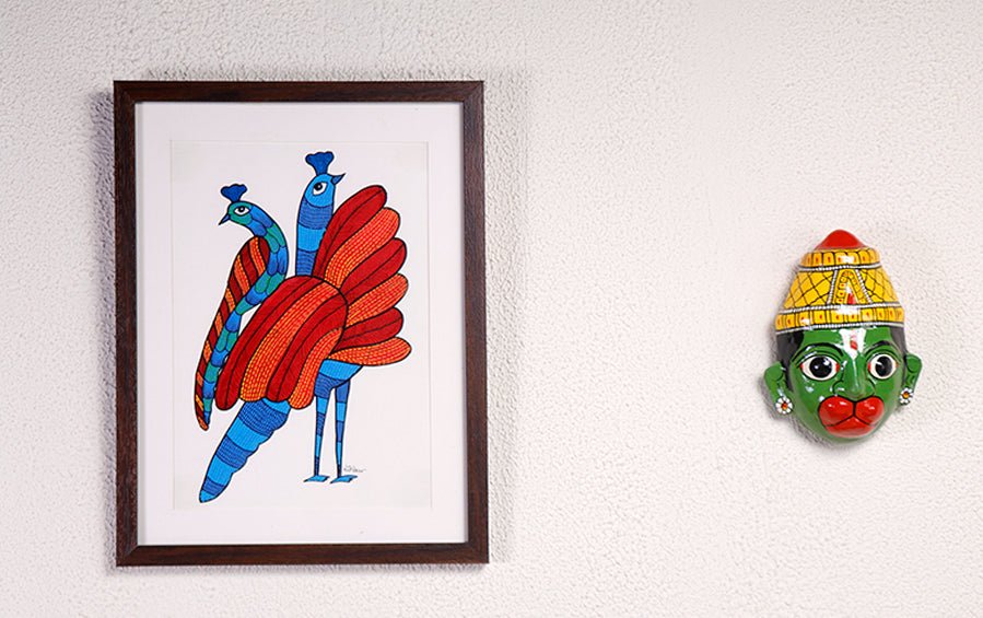 Majestic Peacock | Gond Painting | A4 Frame - paintings - indic inspirations