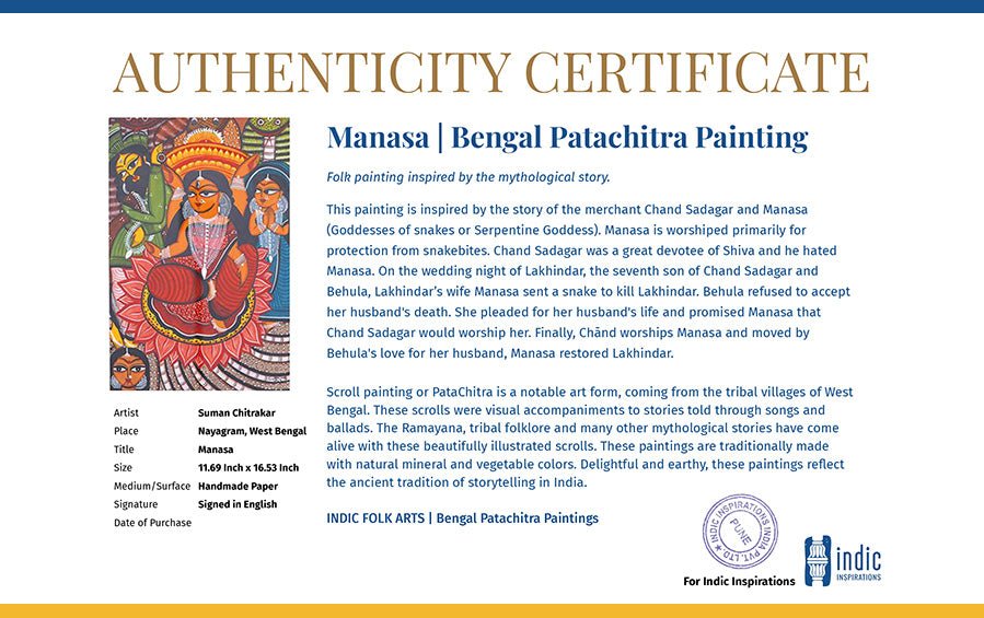 Manasa Devi | Bengal Patachitra Painting | A3 Frame - paintings - indic inspirations