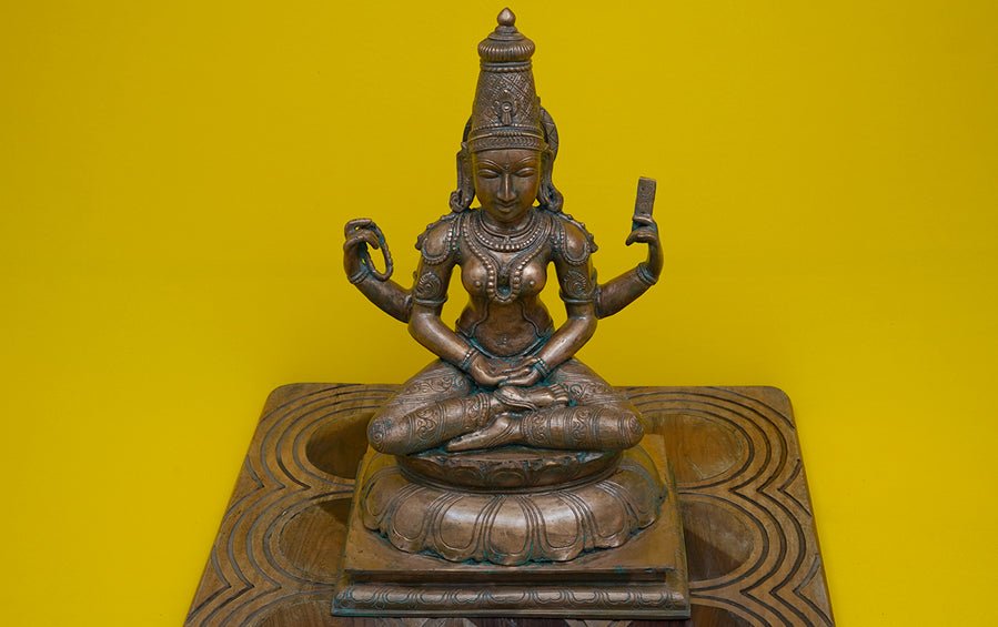 Meditating Saraswati - Chola Bronze Craft | 15” H - Sculptures - indic inspirations