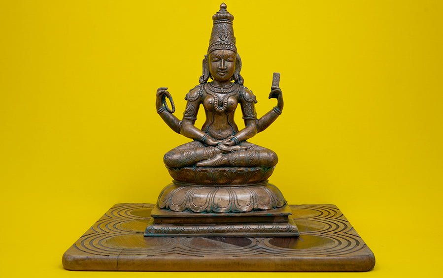 Meditating Saraswati - Chola Bronze Craft | 15” H - Sculptures - indic inspirations