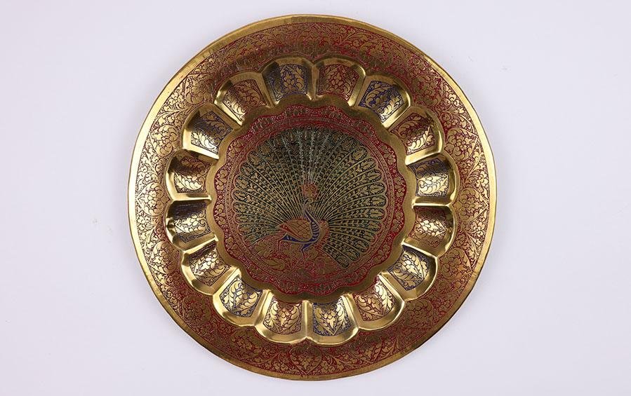 Meenakari Brass Plate With Peacock Design - Wall plates - indic inspirations