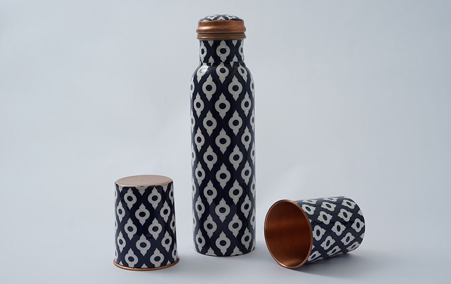 Moroccan Digital Printed Copper Bottle With Glass Set - Water Bottle With Glass Sets - indic inspirations