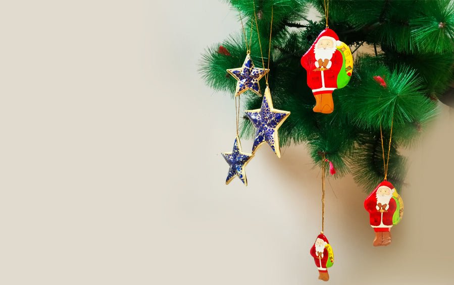 Paper Mache Decorative Hanging Santa & Stars Set - Christmas Gift Sets - indic inspirations