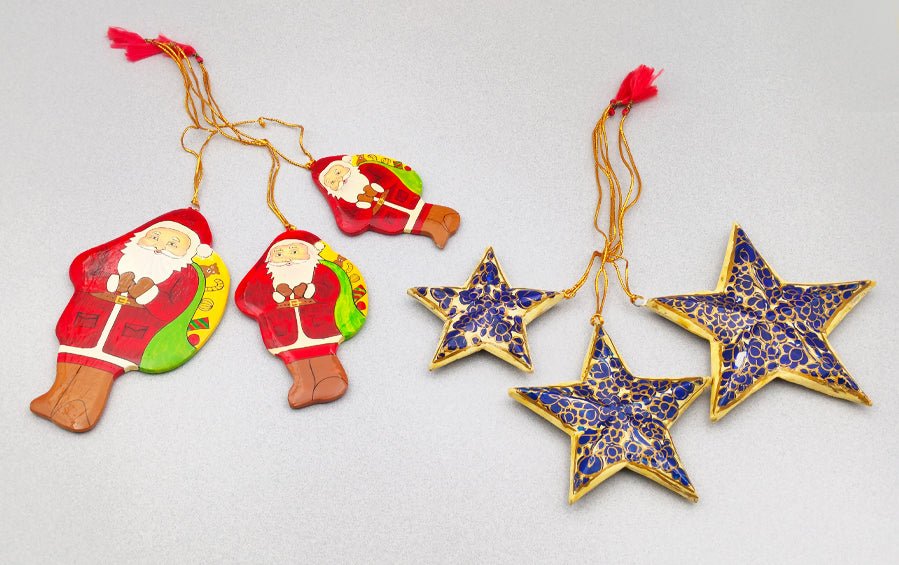 Paper Mache Decorative Hanging Santa & Stars Set - Christmas Gift Sets - indic inspirations
