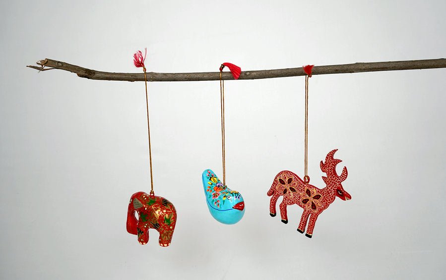 Paper Mache Hanging Bird and Animals Set of 3 - Christmas Gift Sets - indic inspirations