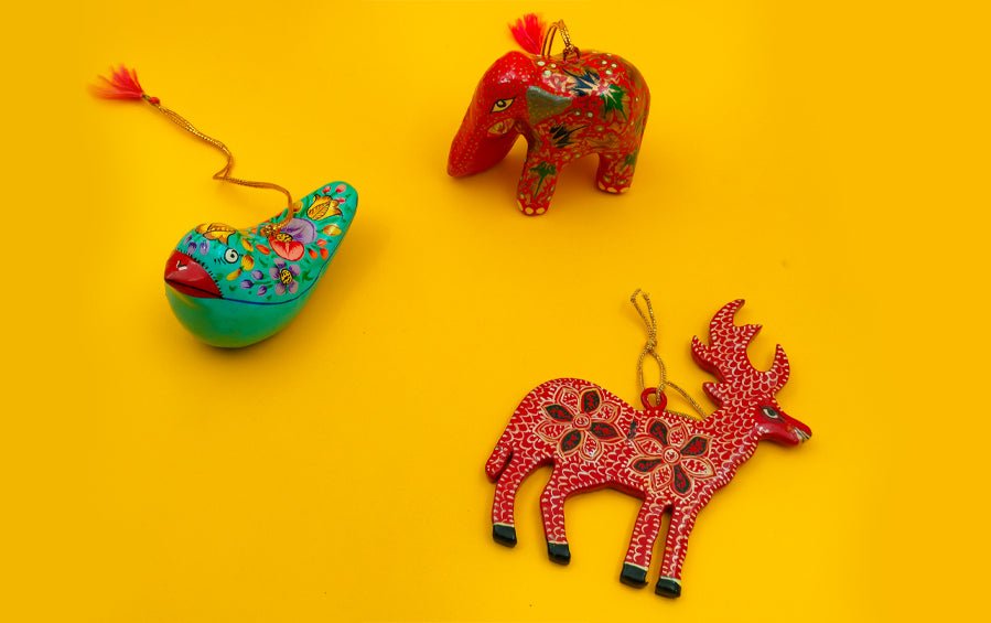 Paper Mache Hanging Bird and Animals Set of 3 - Christmas Gift Sets - indic inspirations