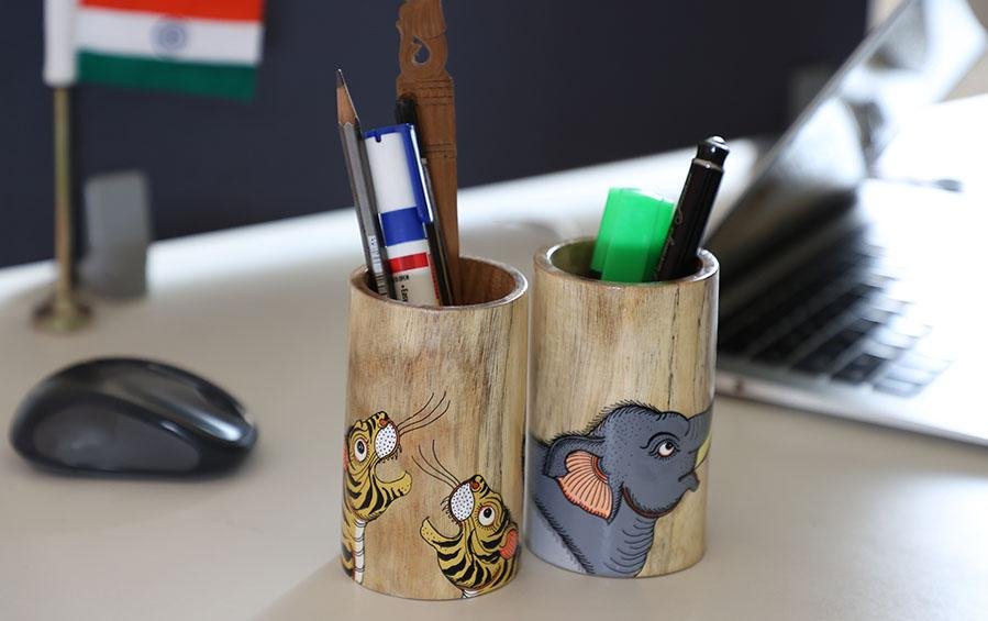 Pattachitra Pen Stand Round Set of 2 - Pen holders - indic inspirations