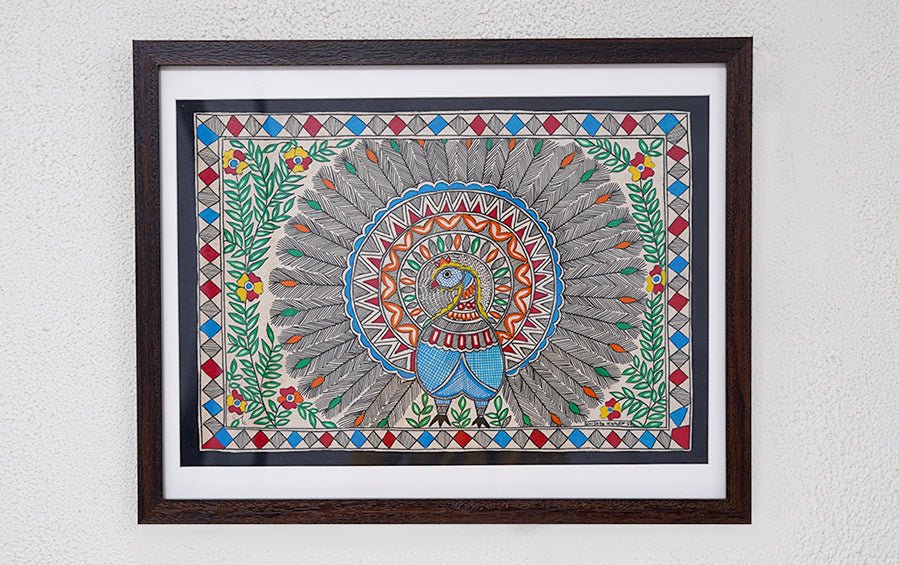 Peacock | Madhubani Painting | A3 Frame - paintings - indic inspirations