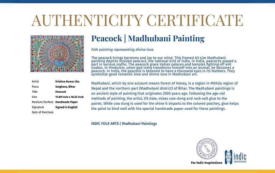 Peacock | Madhubani Painting | A3 Frame - paintings - indic inspirations