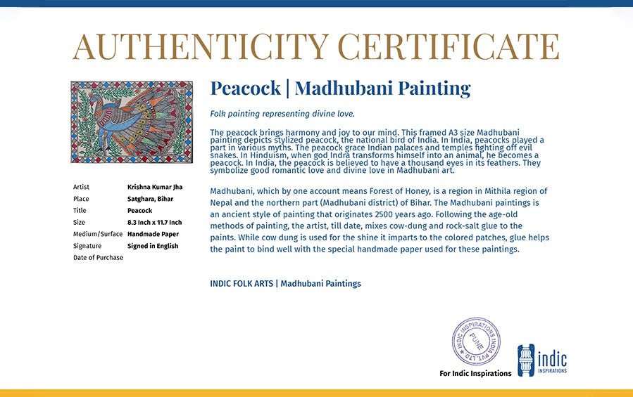 Peacock | Madhubani Painting | A4 Frame - paintings - indic inspirations