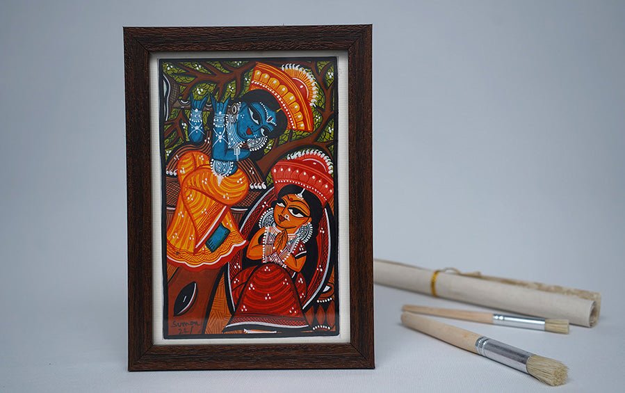 Radha-Krishna | Bengal Patachitra Painting | A5 Frame - paintings - indic inspirations