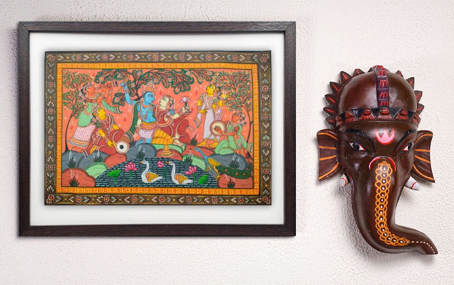Radha-Krishna with Gopis | Odisha Pattachitra Painting | A3 Frame - paintings - indic inspirations