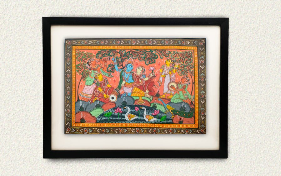 Radha-Krishna with Gopis | Odisha Pattachitra Painting | A3 Frame - paintings - indic inspirations