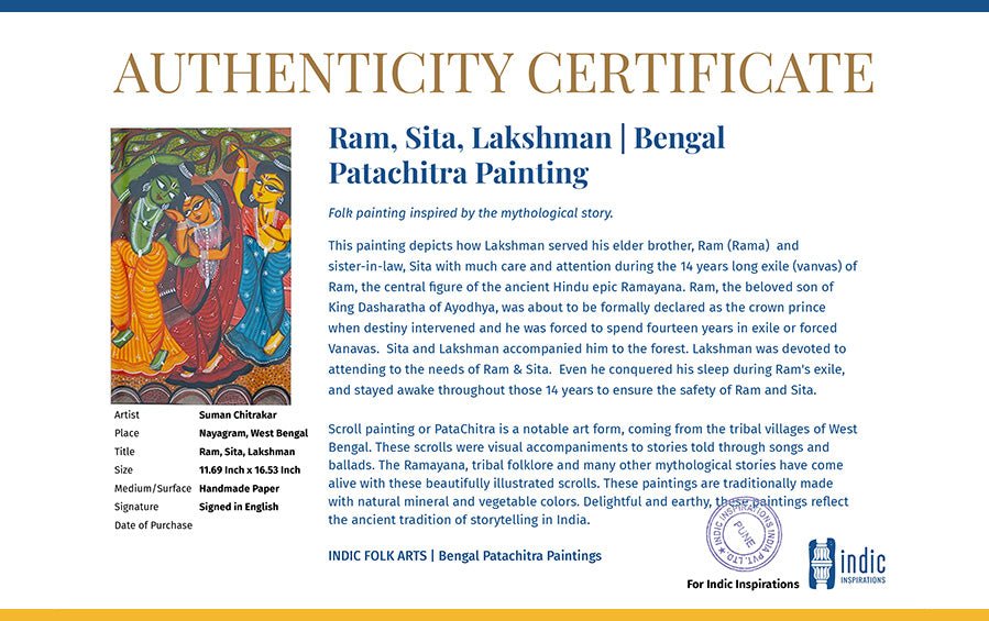 Ram, Sita, Lakshman | Bengal Patachitra Painting | A3 Frame - paintings - indic inspirations