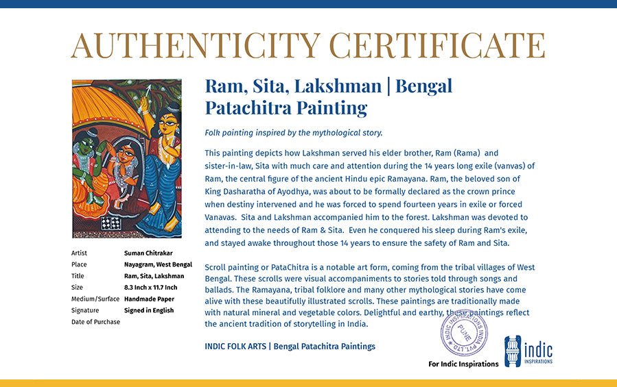 Ram, Sita, Lakshman | Bengal Patachitra Painting | A4 Frame - paintings - indic inspirations