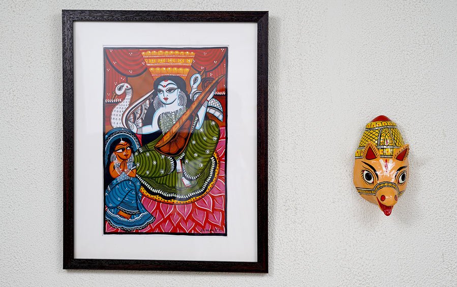 Saraswati | Bengal Patachitra Painting | A3 Frame - paintings - indic inspirations