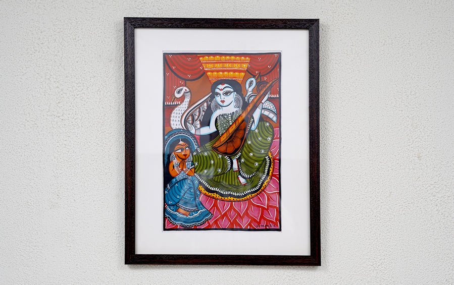 Saraswati | Bengal Patachitra Painting | A3 Frame - paintings - indic inspirations