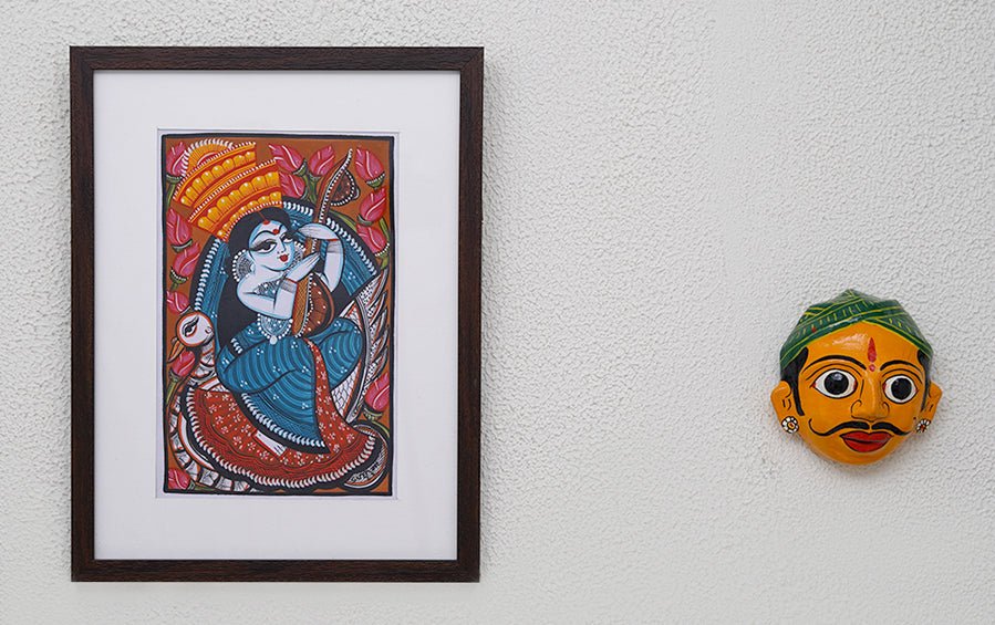 Saraswati | Bengal Patachitra Painting | A4 Frame - paintings - indic inspirations