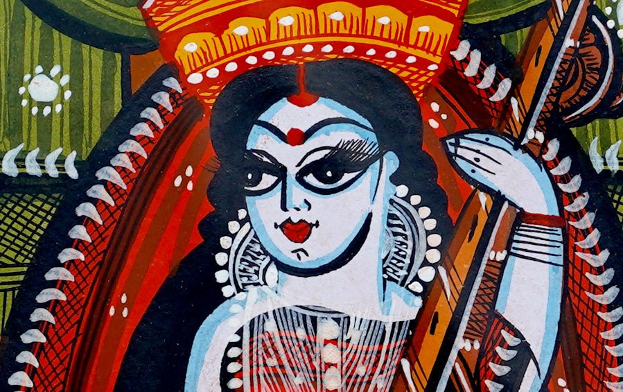 Saraswati | Bengal Patachitra Painting | A5 Frame - paintings - indic inspirations