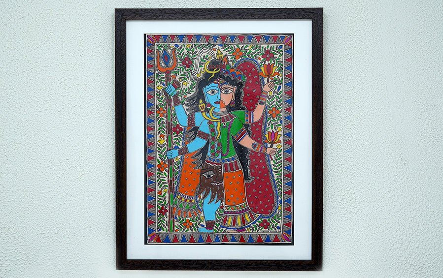 Shiva Ardhnarishwar | Madhubani Painting | A3 Frame - paintings - indic inspirations