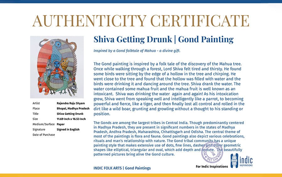 Shiva Getting Drunk # 1 | Gond Painting | A3 Frame - paintings - indic inspirations